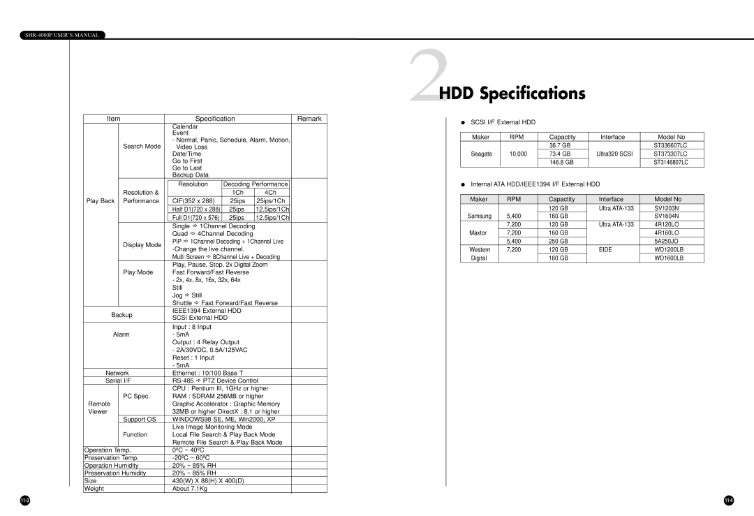 Samsung SHR-4080P manual 2HDD Specifications, Rpm 