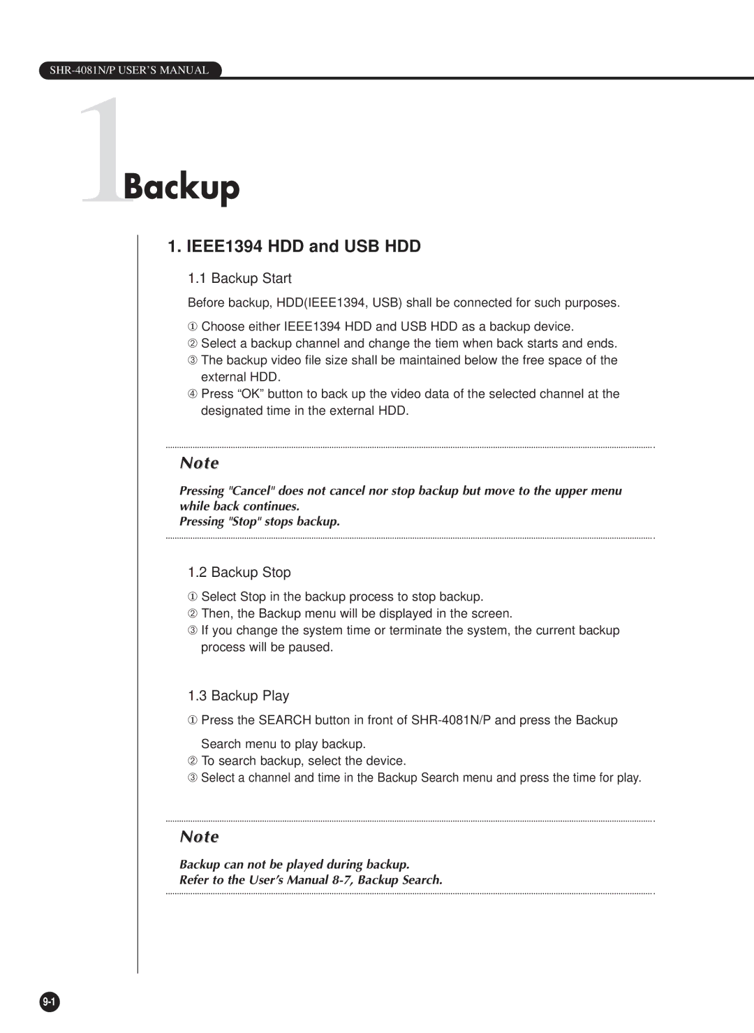 Samsung SHR-4081P manual 1Backup, IEEE1394 HDD and USB HDD, Backup Start, Backup Stop, Backup Play 