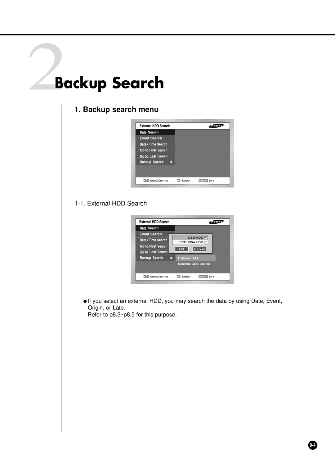 Samsung SHR-4081P manual 2Backup Search, Backup search menu, External HDD Search 