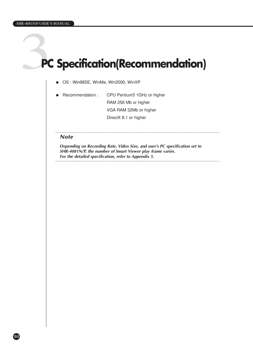 Samsung SHR-4081P manual 3PC SpecificationRecommendation 