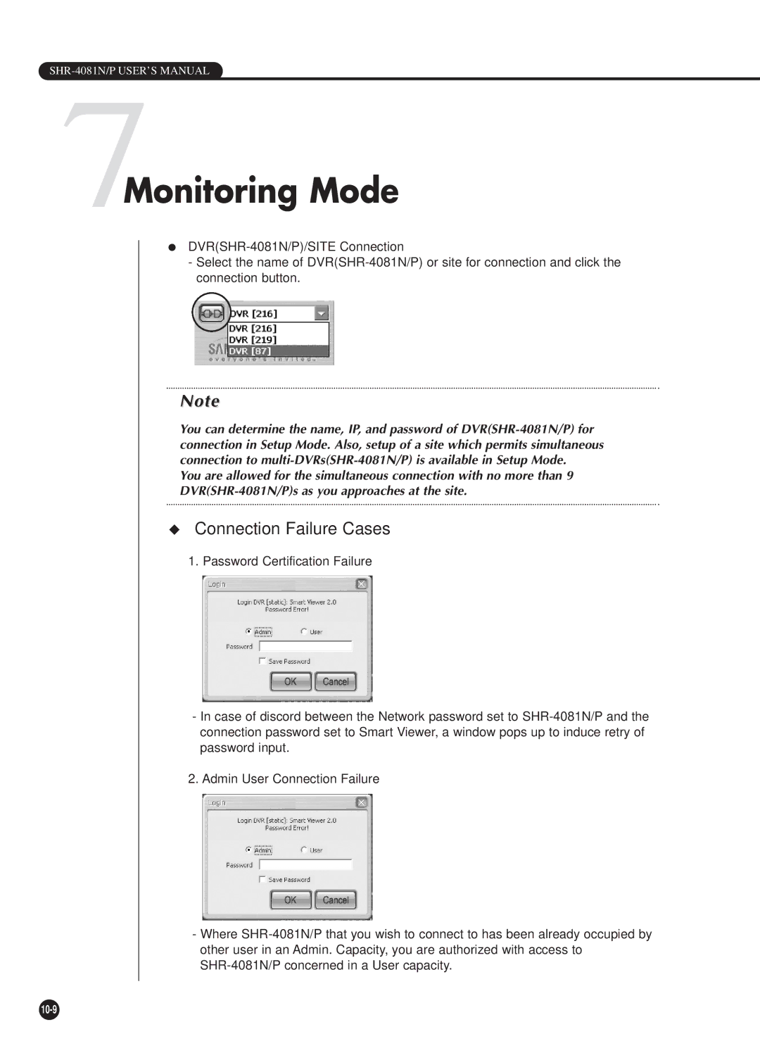 Samsung SHR-4081P manual 7Monitoring Mode, Connection Failure Cases 