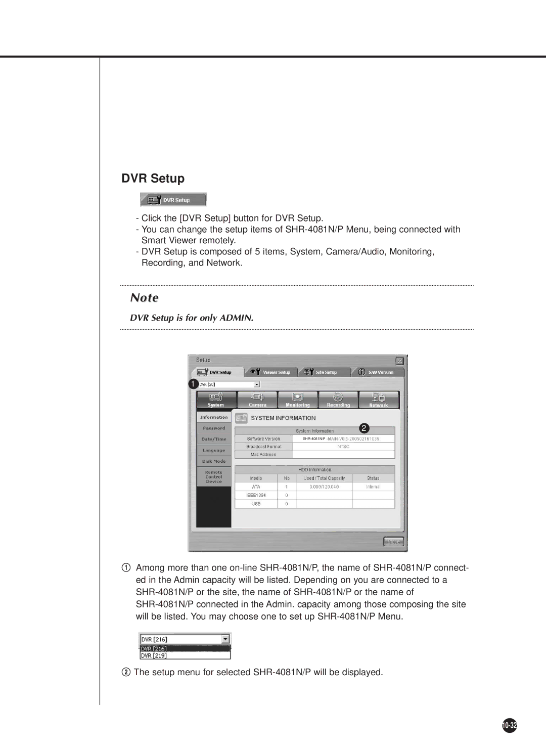 Samsung SHR-4081P manual DVR Setup is for only Admin 