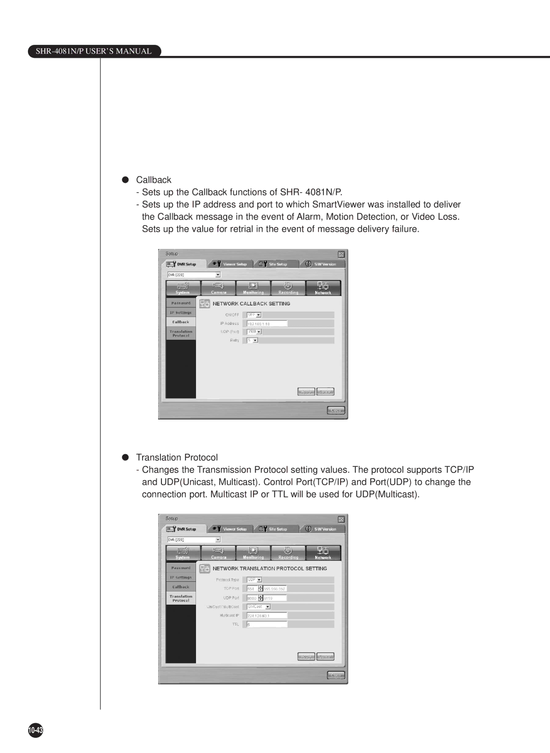 Samsung SHR-4081P manual Callback Sets up the Callback functions of SHR- 4081N/P 