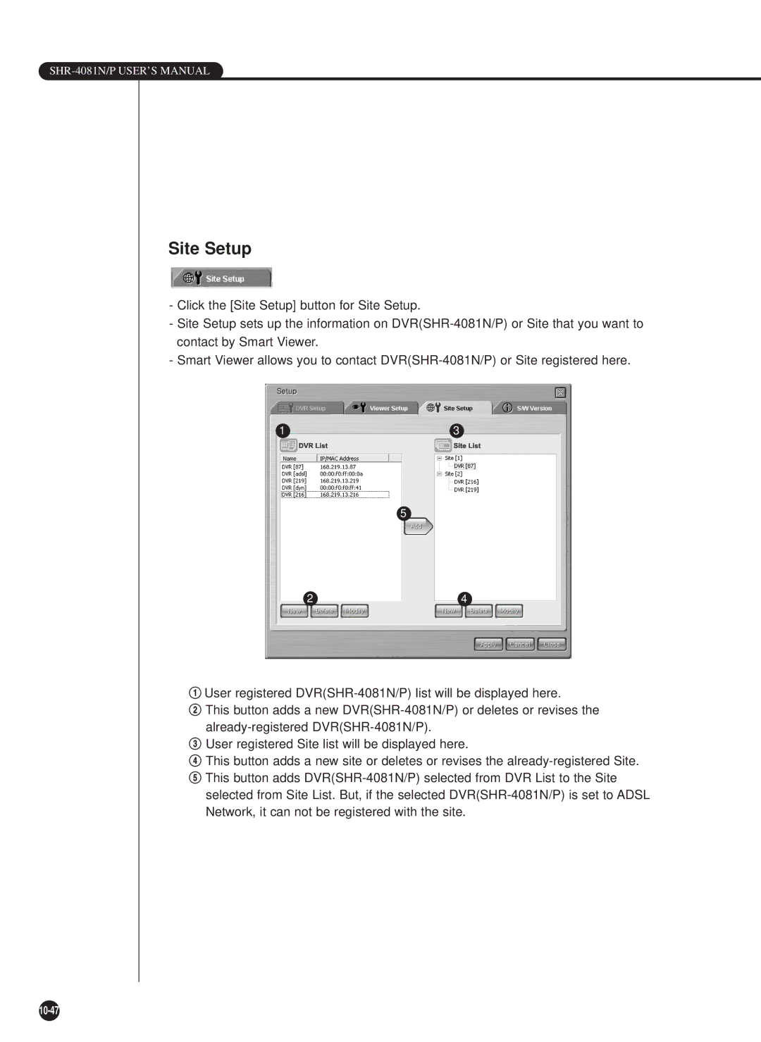 Samsung SHR-4081P manual Site Setup 