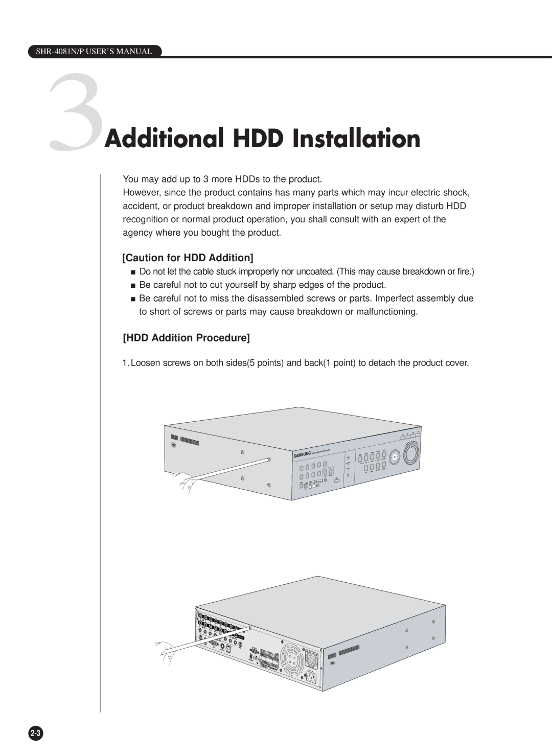 Samsung SHR-4081P manual 3Additional HDD Installation, HDD Addition Procedure 