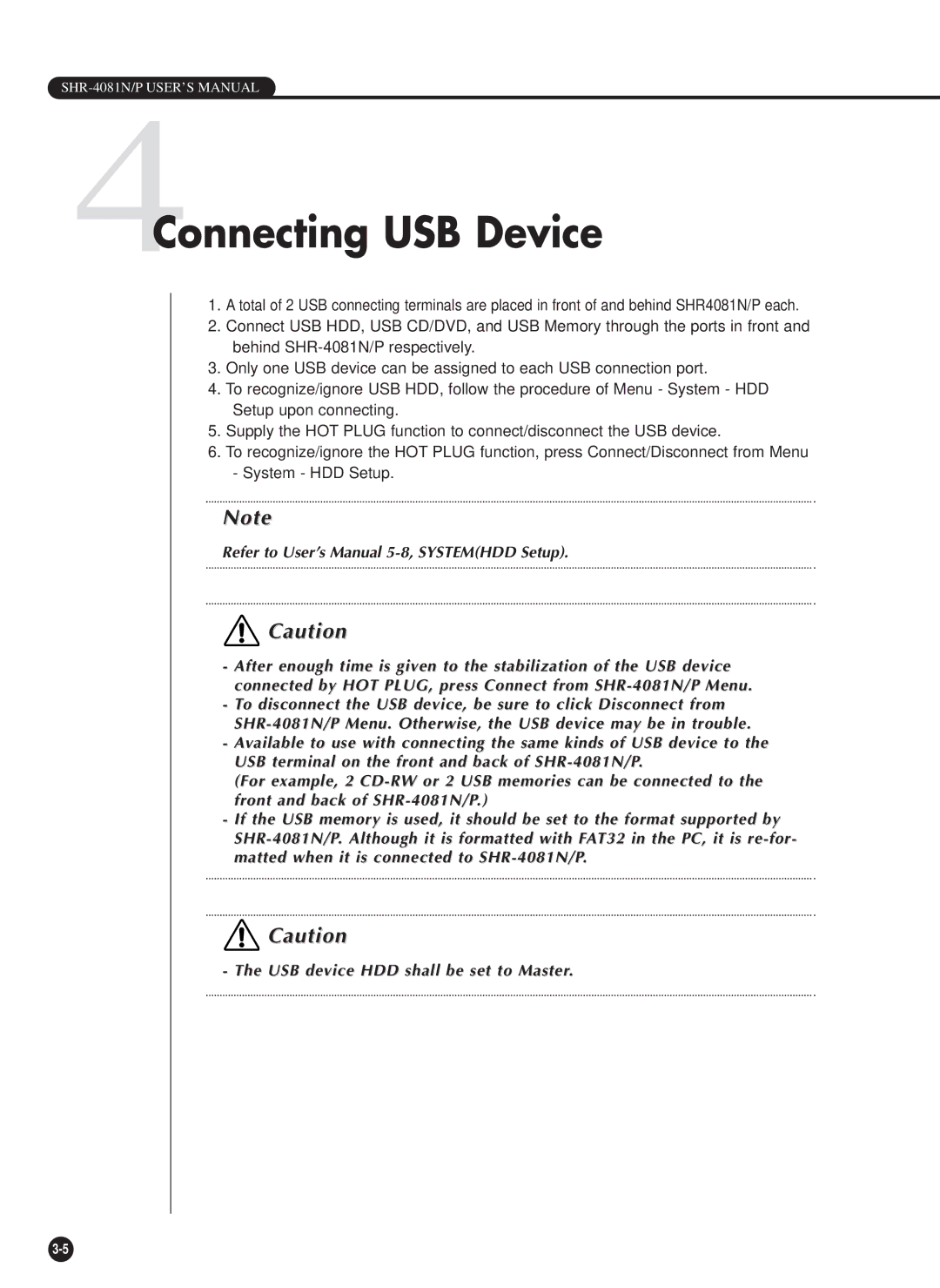 Samsung SHR-4081P manual 4Connecting USB Device 