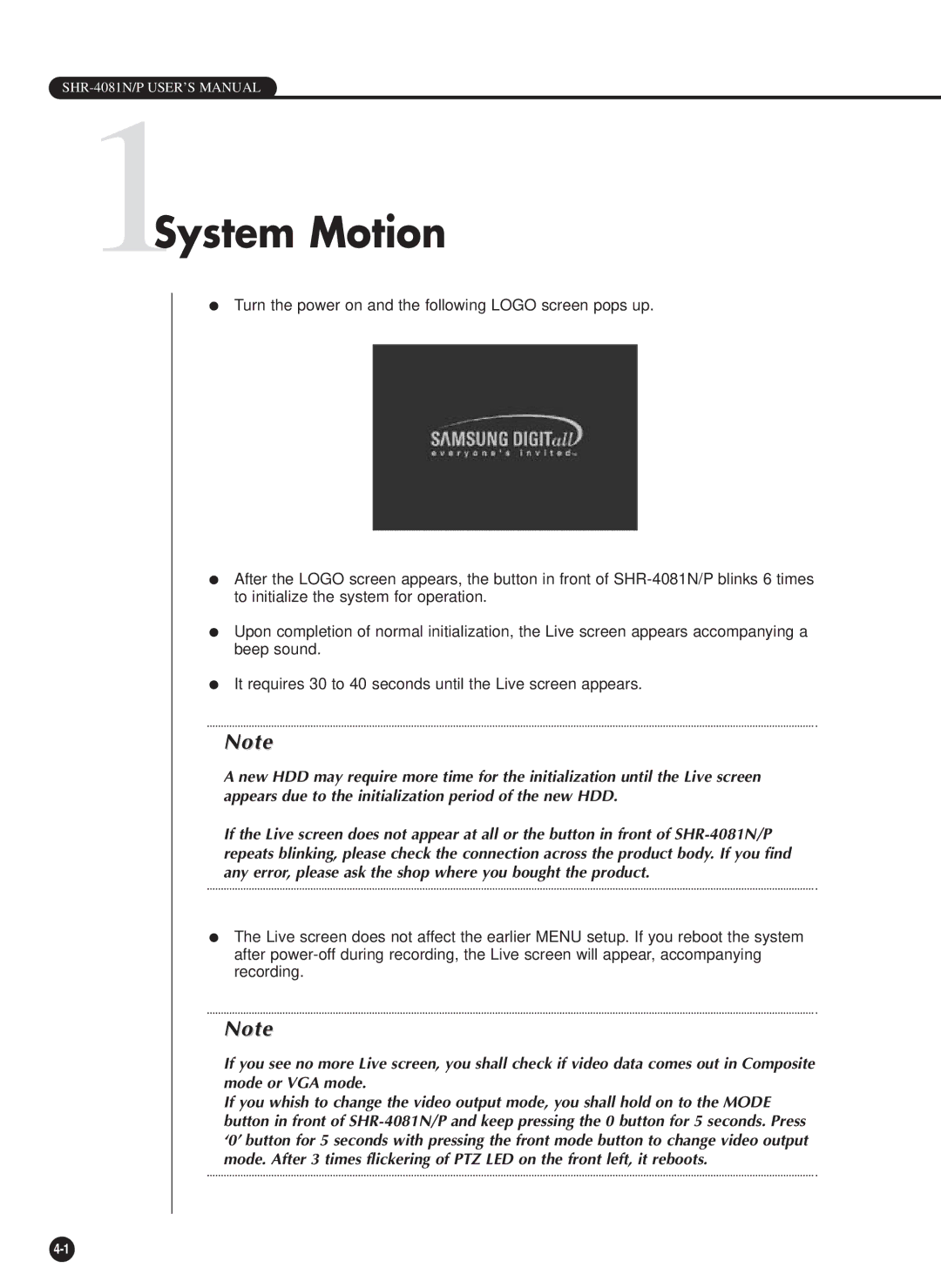 Samsung SHR-4081P manual 1System Motion 