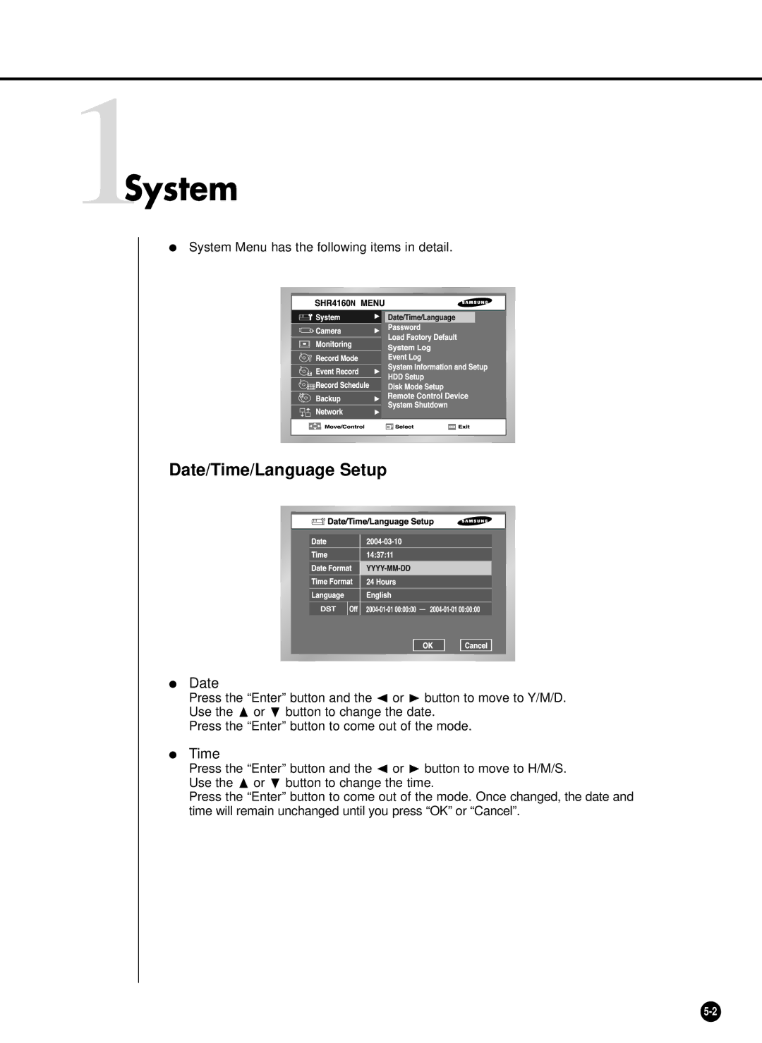 Samsung SHR-4081P manual 1System, Date/Time/Language Setup 