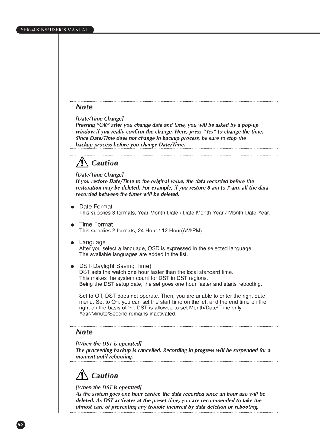 Samsung SHR-4081P manual Date Format, Time Format, Language, DSTDaylight Saving Time 