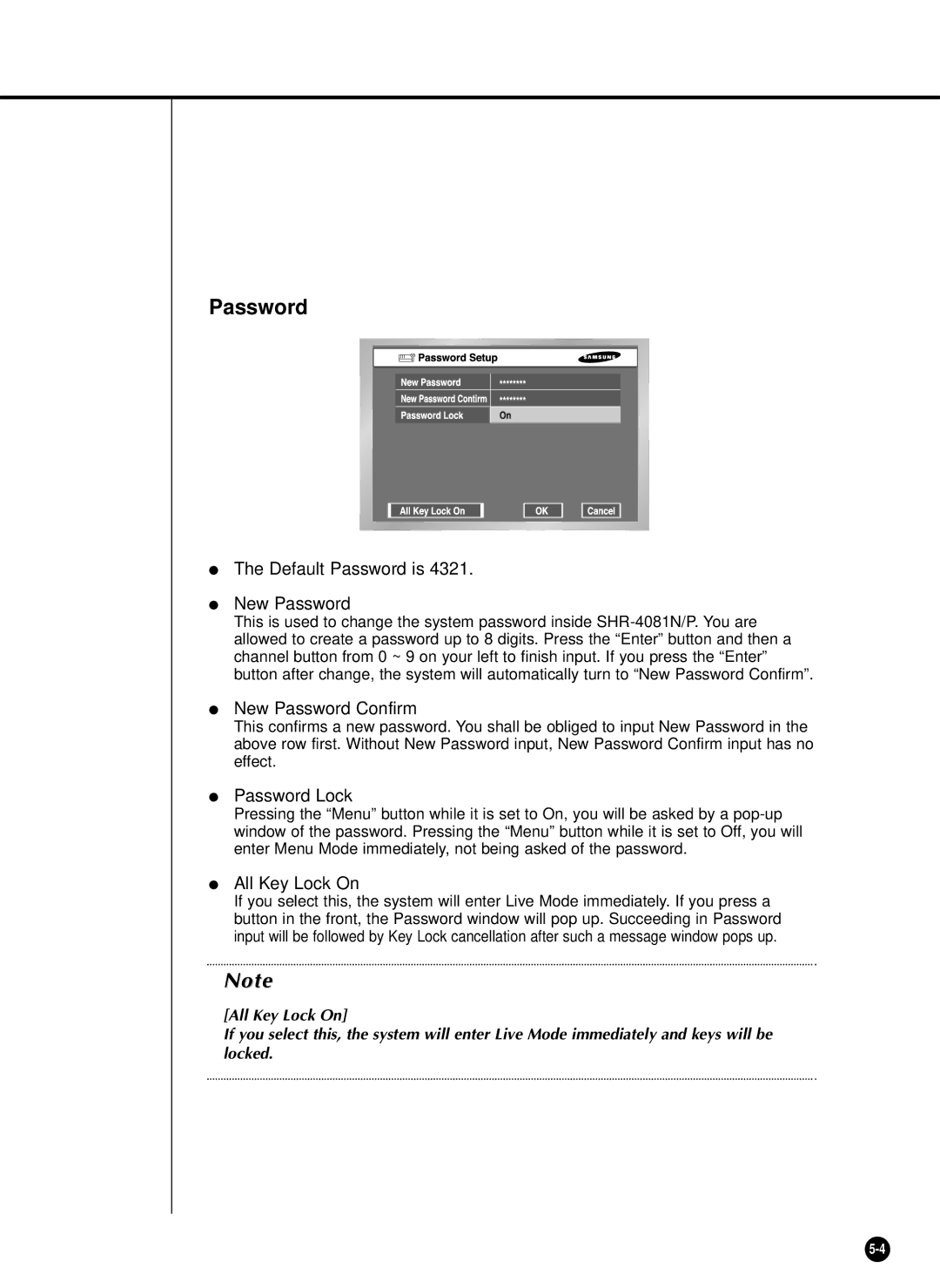 Samsung SHR-4081P manual Default Password is New Password, New Password Confirm, Password Lock, All Key Lock On 