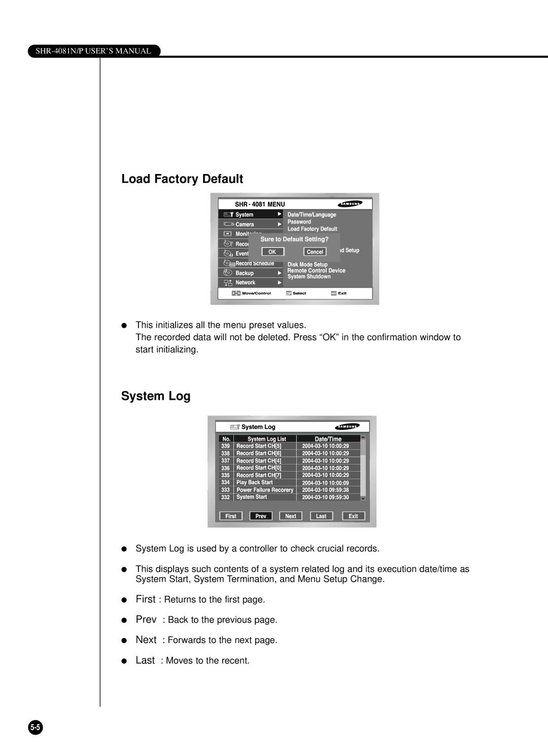 Samsung SHR-4081P manual Load Factory Default, System Log 