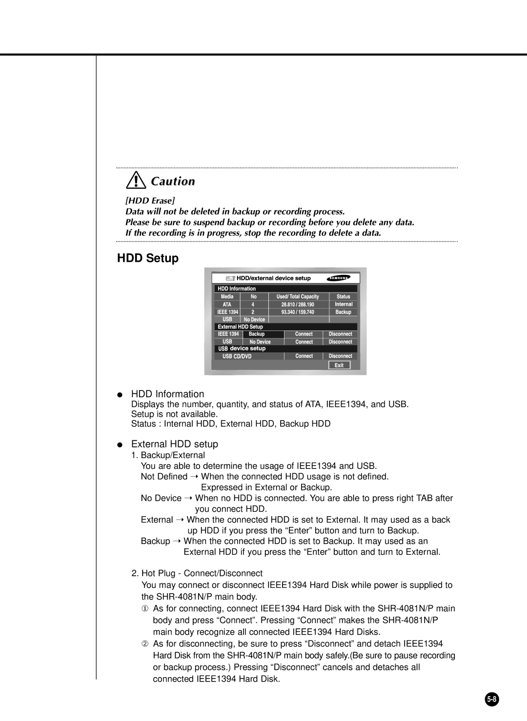 Samsung SHR-4081P manual HDD Setup, HDD Information, External HDD setup 