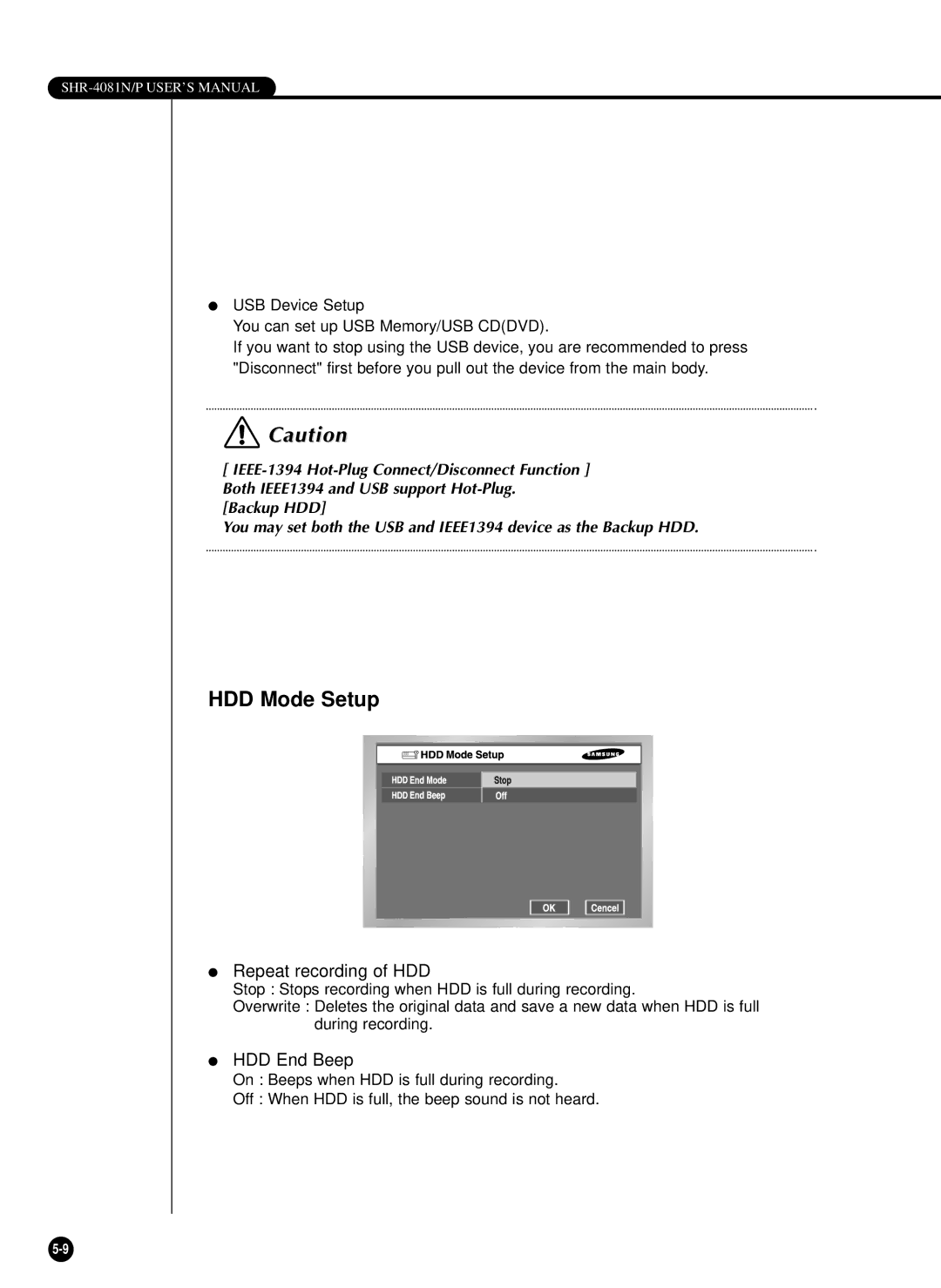 Samsung SHR-4081P manual HDD Mode Setup, Repeat recording of HDD, HDD End Beep 