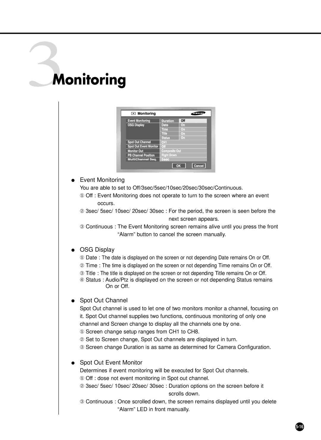 Samsung SHR-4081P manual 3Monitoring, OSG Display, Spot Out Channel, Spot Out Event Monitor 