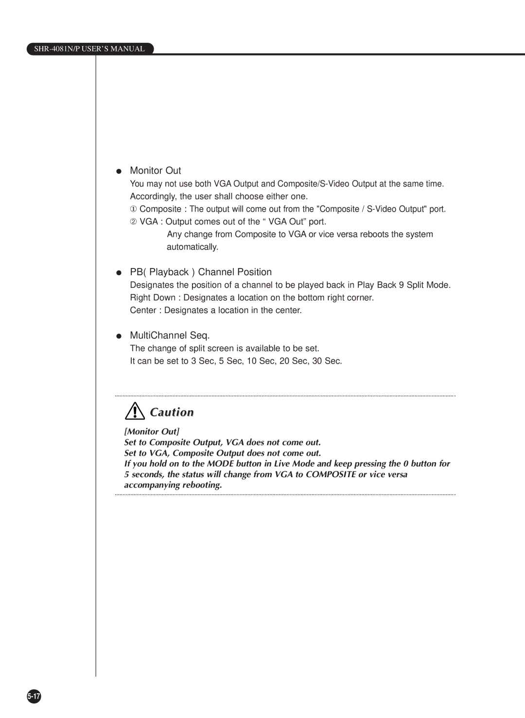 Samsung SHR-4081P manual Monitor Out, PB Playback Channel Position, MultiChannel Seq 