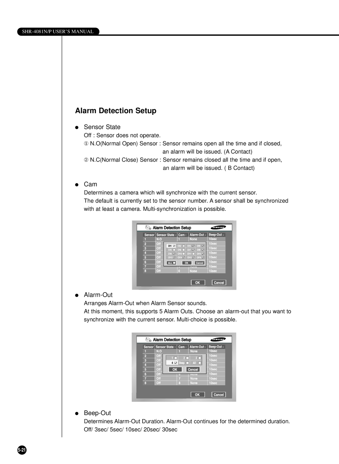 Samsung SHR-4081P manual Alarm Detection Setup, Sensor State, Cam, Alarm-Out, Beep-Out 