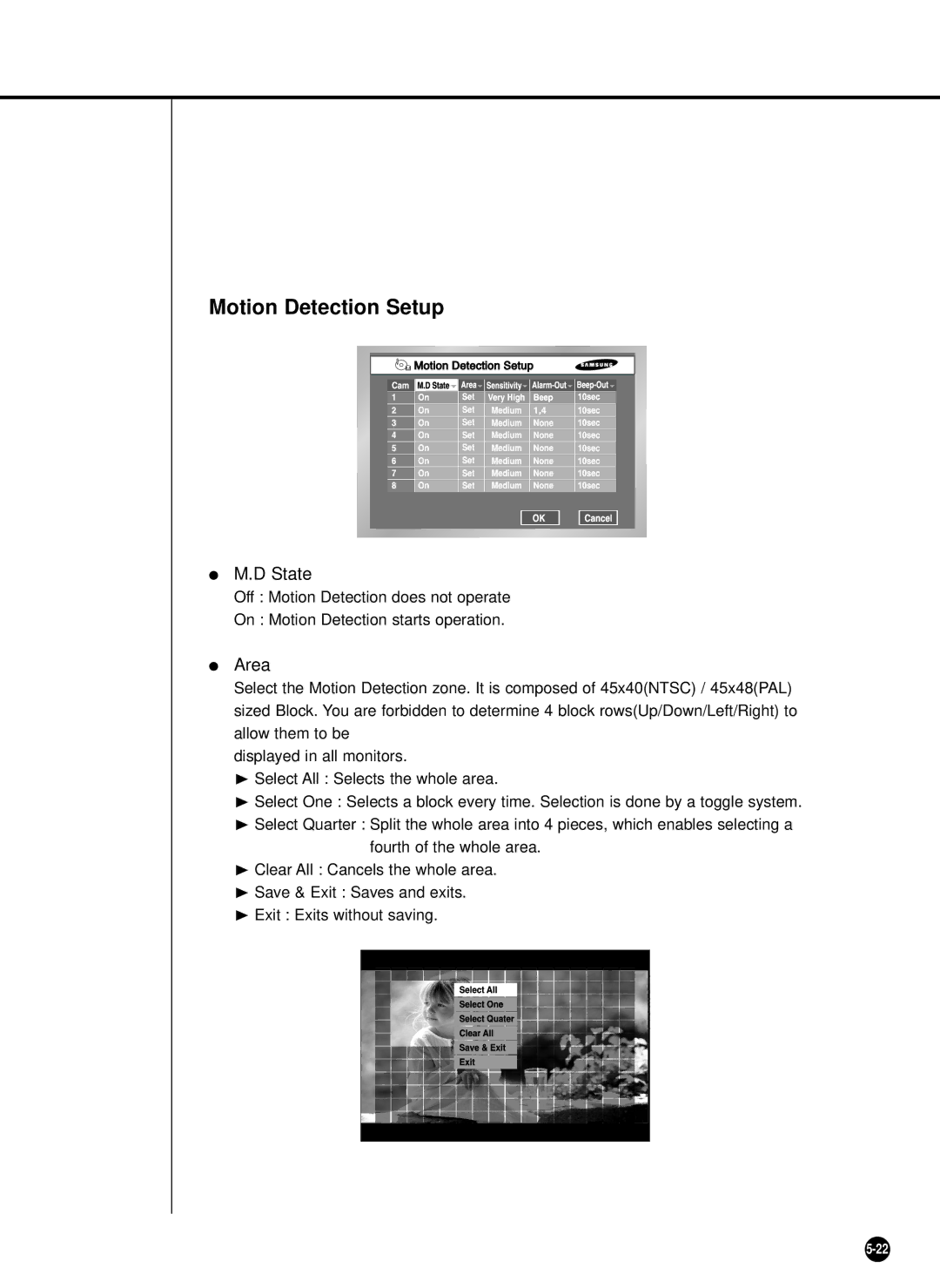 Samsung SHR-4081P manual Motion Detection Setup, State, Area 