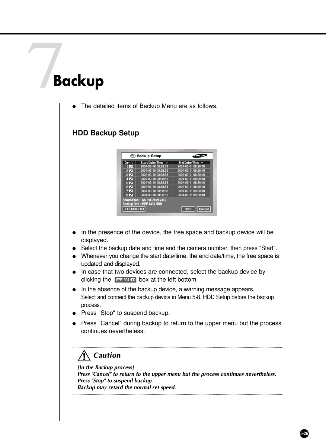 Samsung SHR-4081P manual 7Backup, HDD Backup Setup, Detailed items of Backup Menu are as follows 