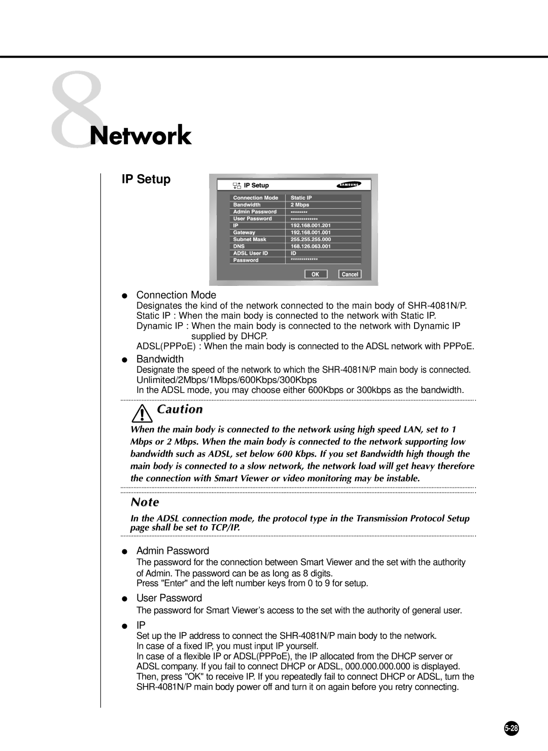 Samsung SHR-4081P manual 8Network, IP Setup 