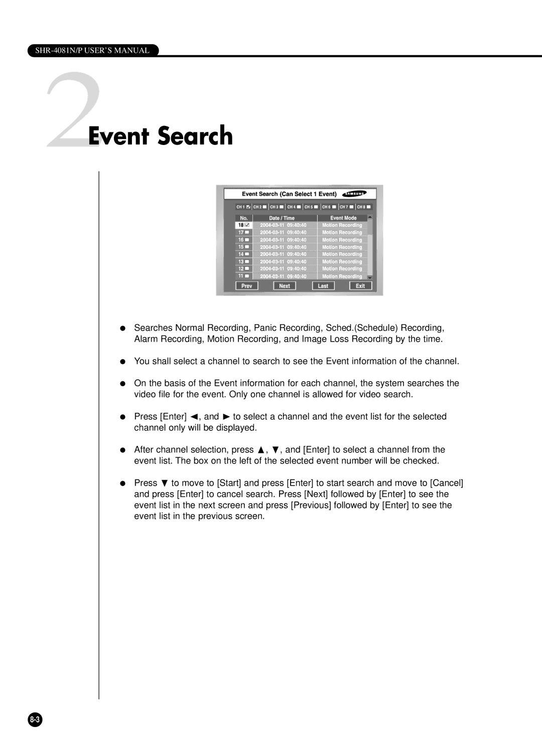 Samsung SHR-4081P manual 2Event Search 