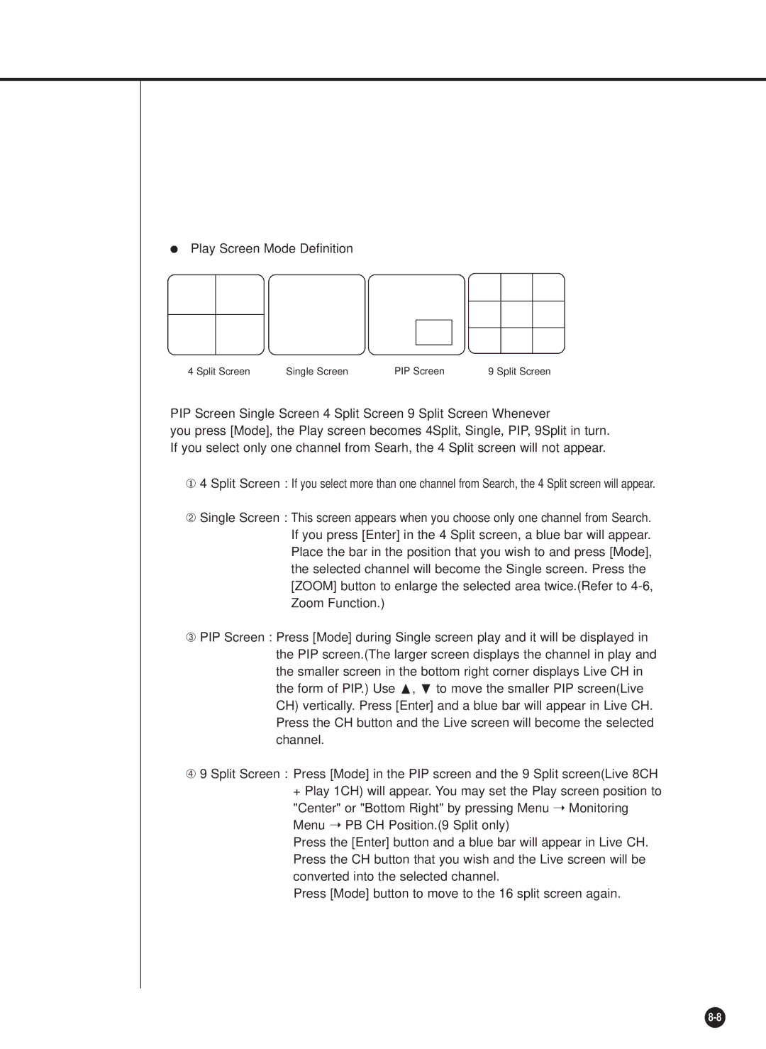 Samsung SHR-4081P manual Play Screen Mode Definition 