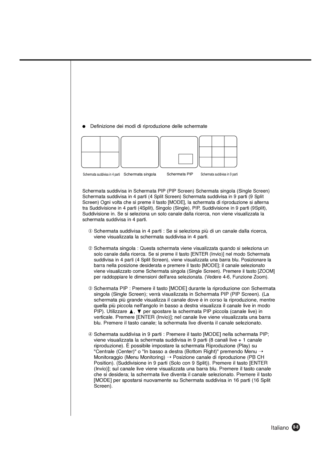 Samsung SHR-4081P manual Definizione dei modi di riproduzione delle schermate 