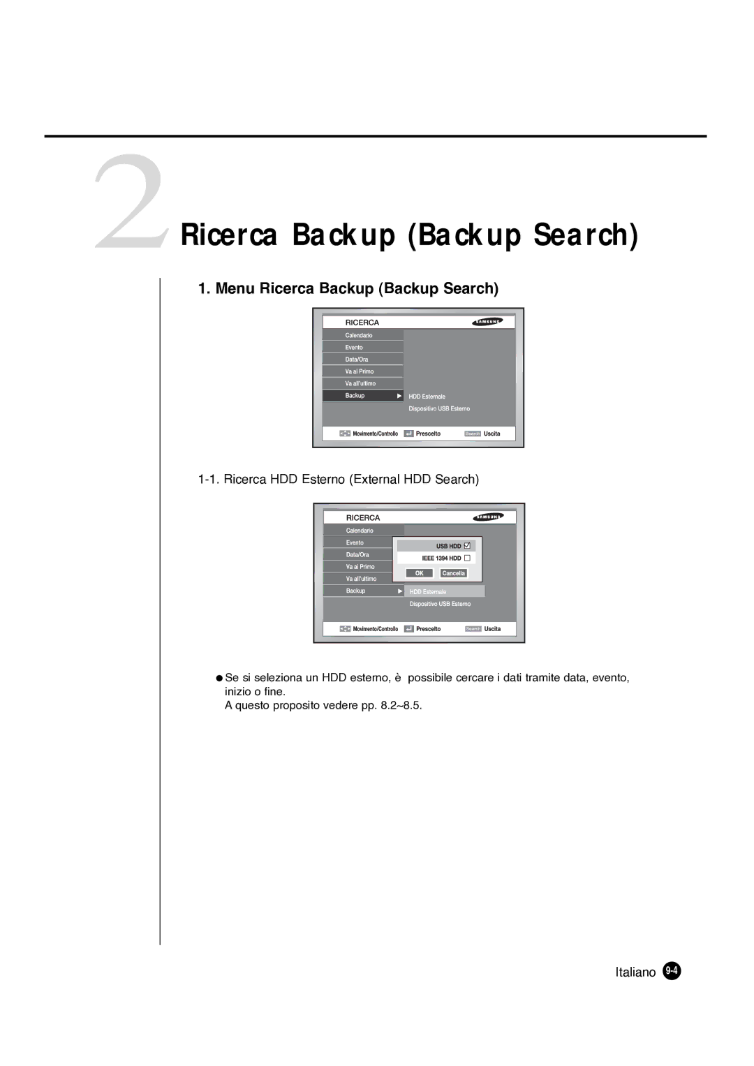 Samsung SHR-4081P manual 2Ricerca Backup Backup Search, Menu Ricerca Backup Backup Search 