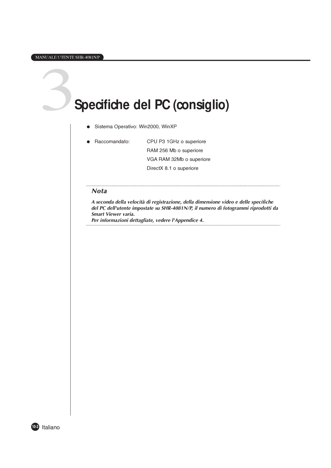 Samsung SHR-4081P manual 3Specifiche del PC consiglio, 10-3Italiano 