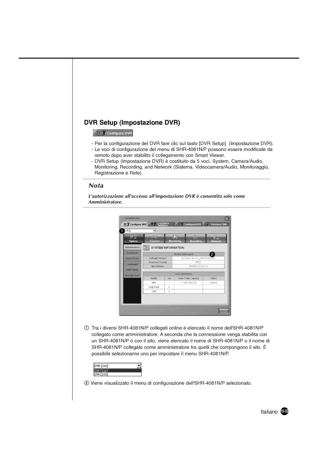 Samsung SHR-4081P manual DVR Setup Impostazione DVR 