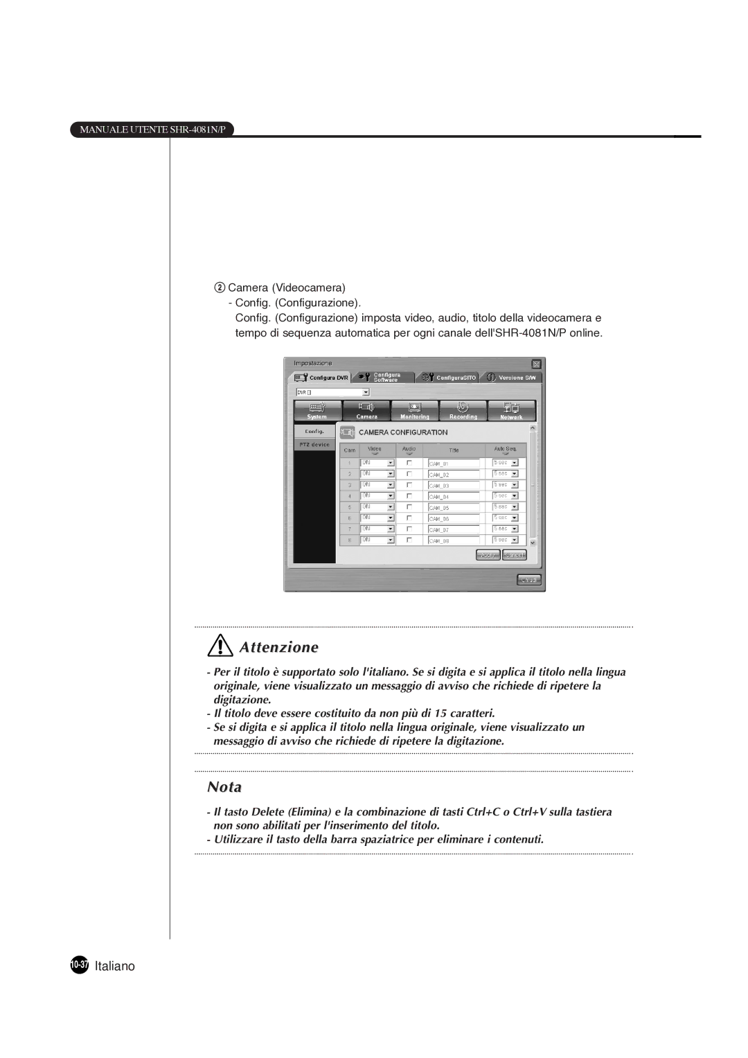 Samsung SHR-4081P manual 10-37Italiano, @ Camera Videocamera Config. Configurazione 