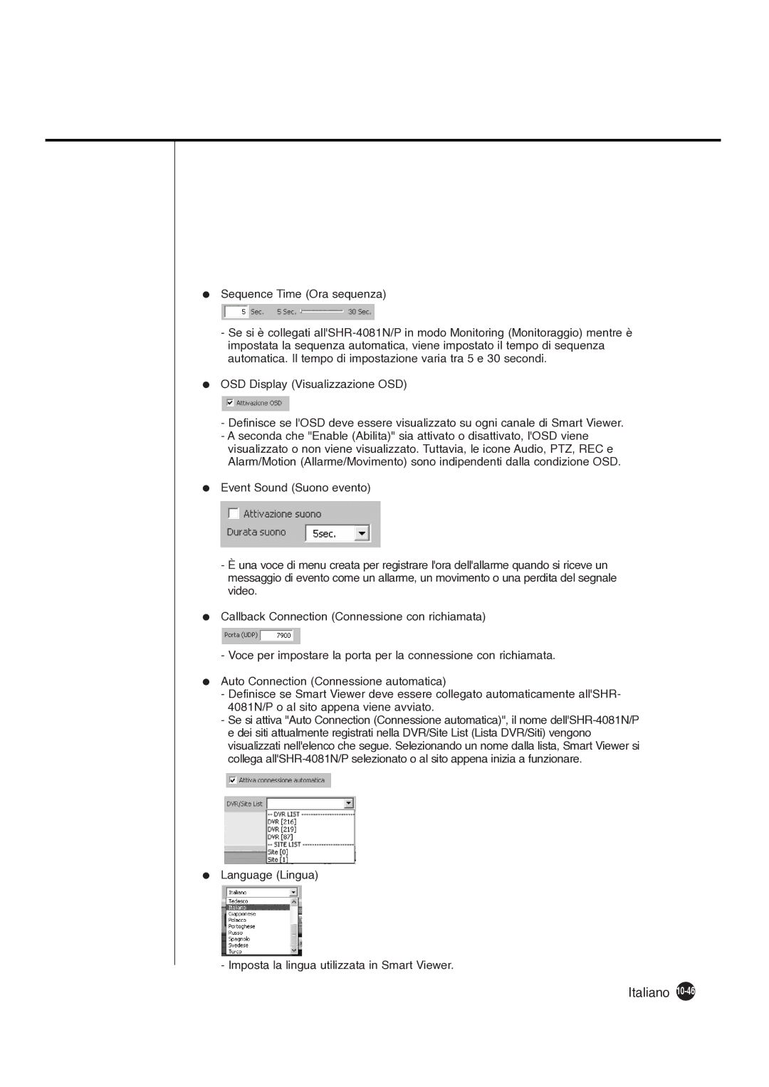 Samsung SHR-4081P manual Language Lingua Imposta la lingua utilizzata in Smart Viewer 