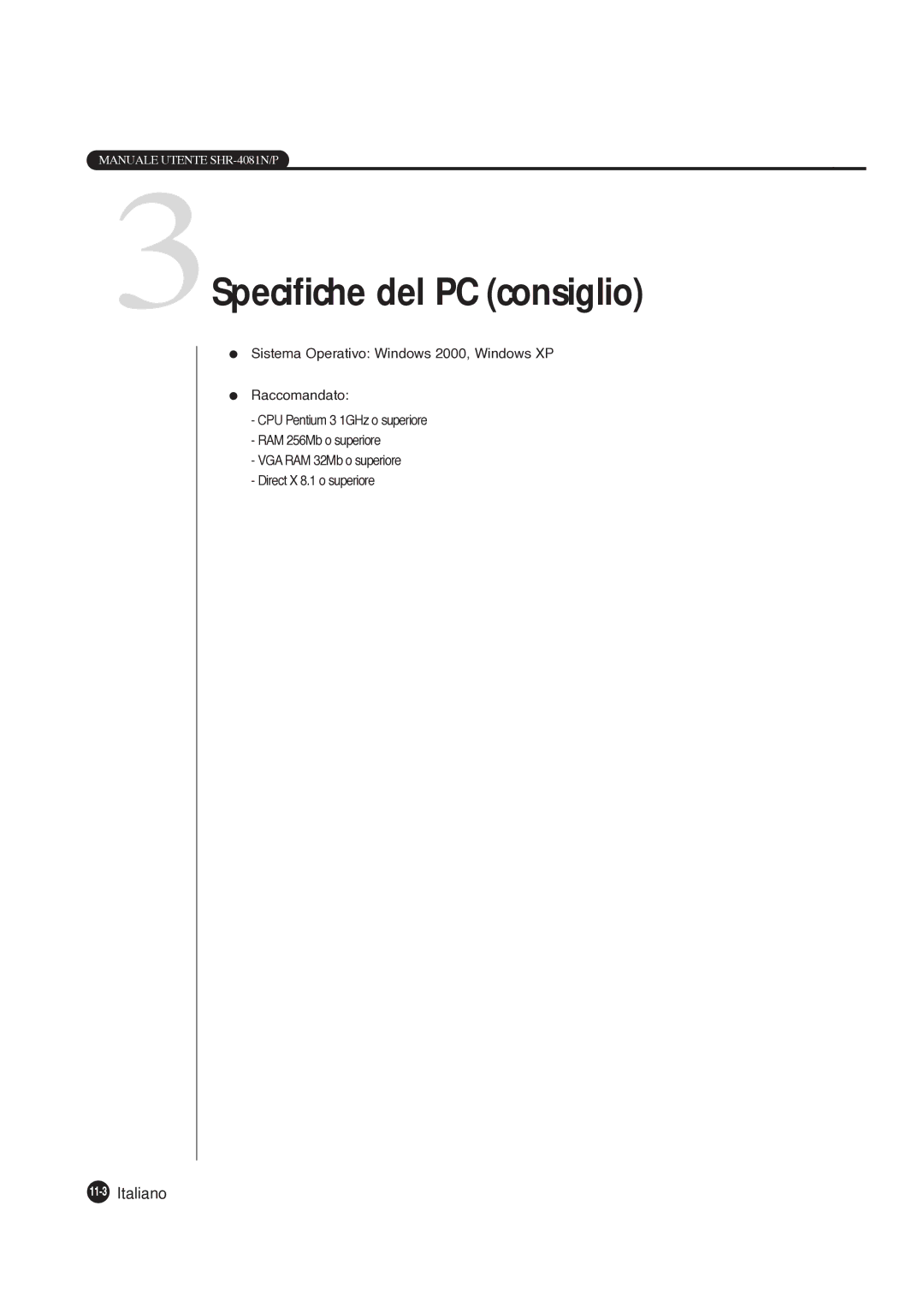 Samsung SHR-4081P manual 3Specifiche del PC consiglio, 11-3Italiano 