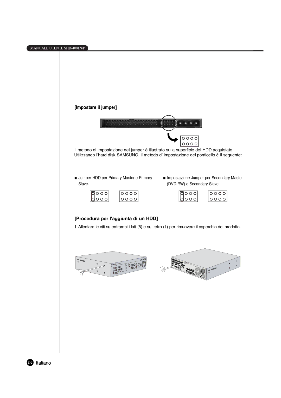 Samsung SHR-4081P manual 5Italiano, Jumper HDD per Primary Master e Primary, Slave DVD-RW e Secondary Slave 