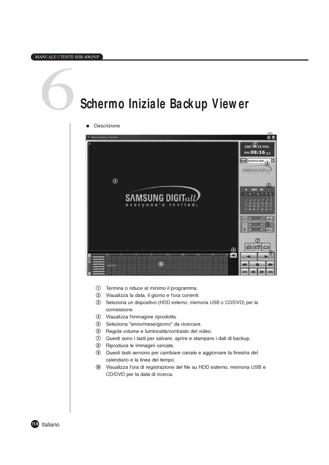 Samsung SHR-4081P manual 6Schermo Iniziale Backup Viewer, 11-9Italiano 