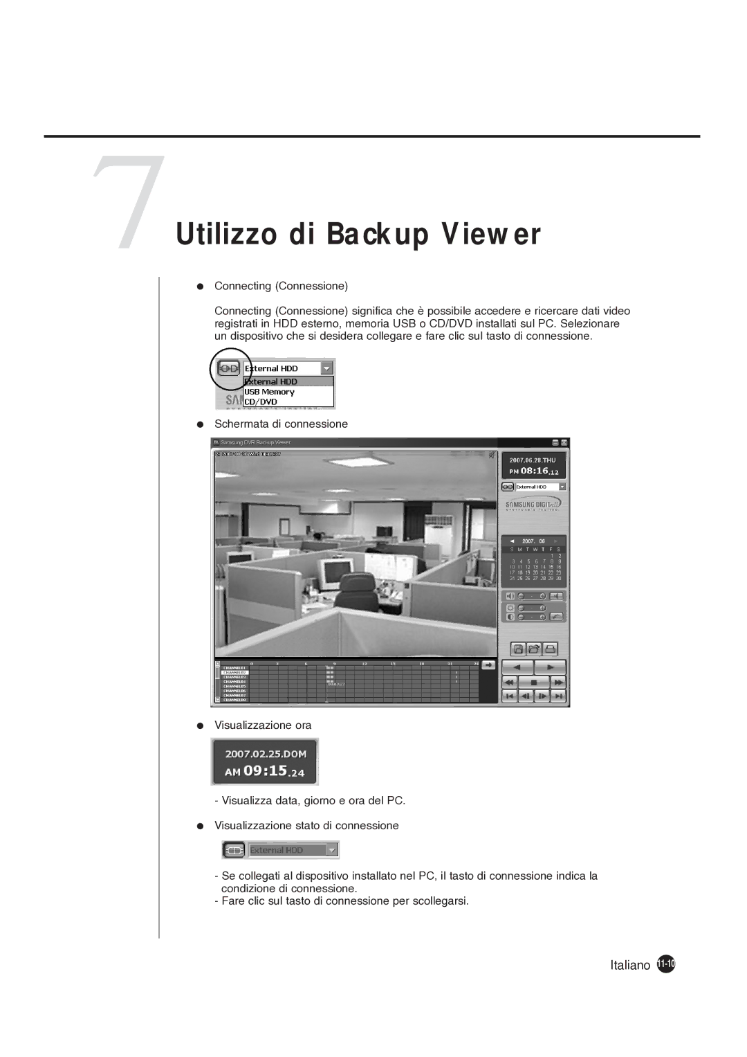 Samsung SHR-4081P manual 7Utilizzo di Backup Viewer, Connecting Connessione 