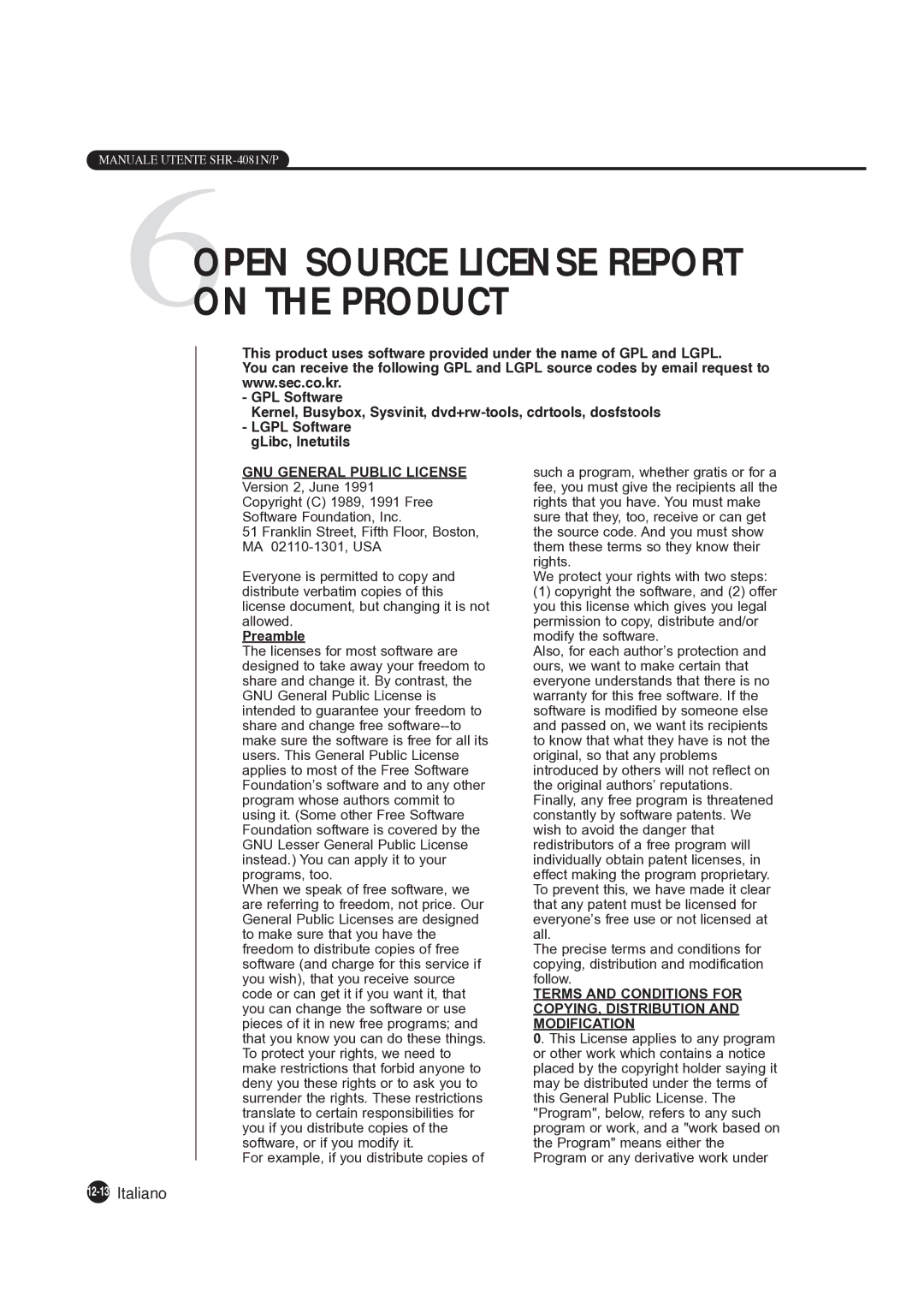 Samsung SHR-4081P manual 6OPEN Source License Report On the Product, 12-13Italiano 