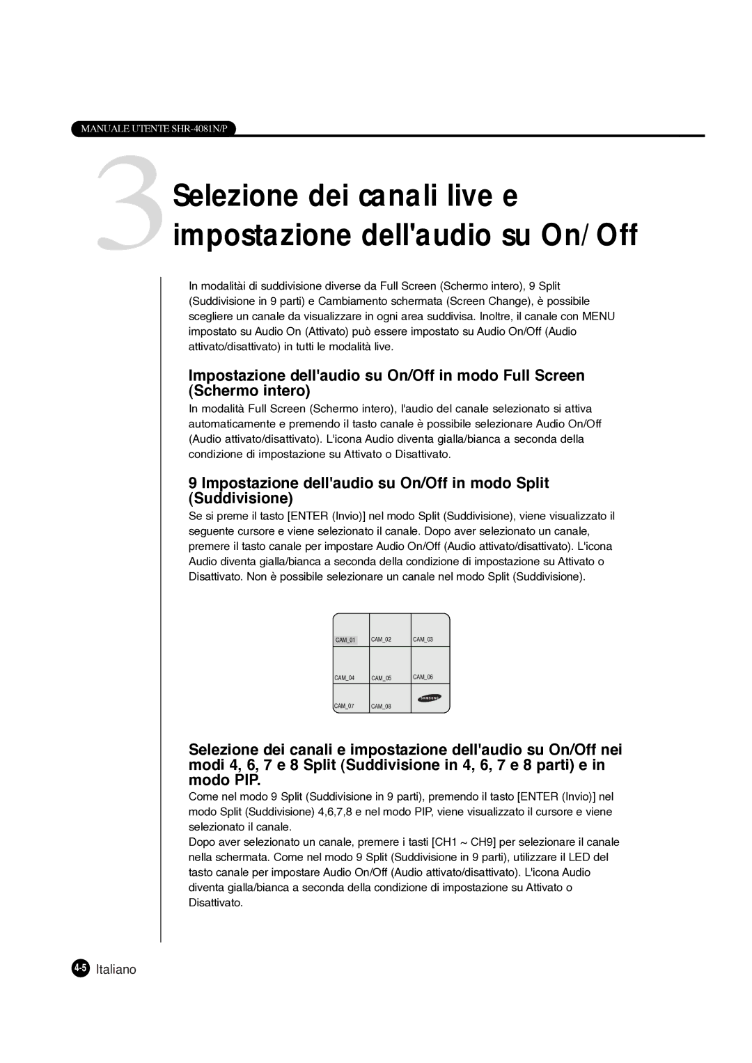 Samsung SHR-4081P manual Impostazione dellaudio su On/Off in modo Split Suddivisione 