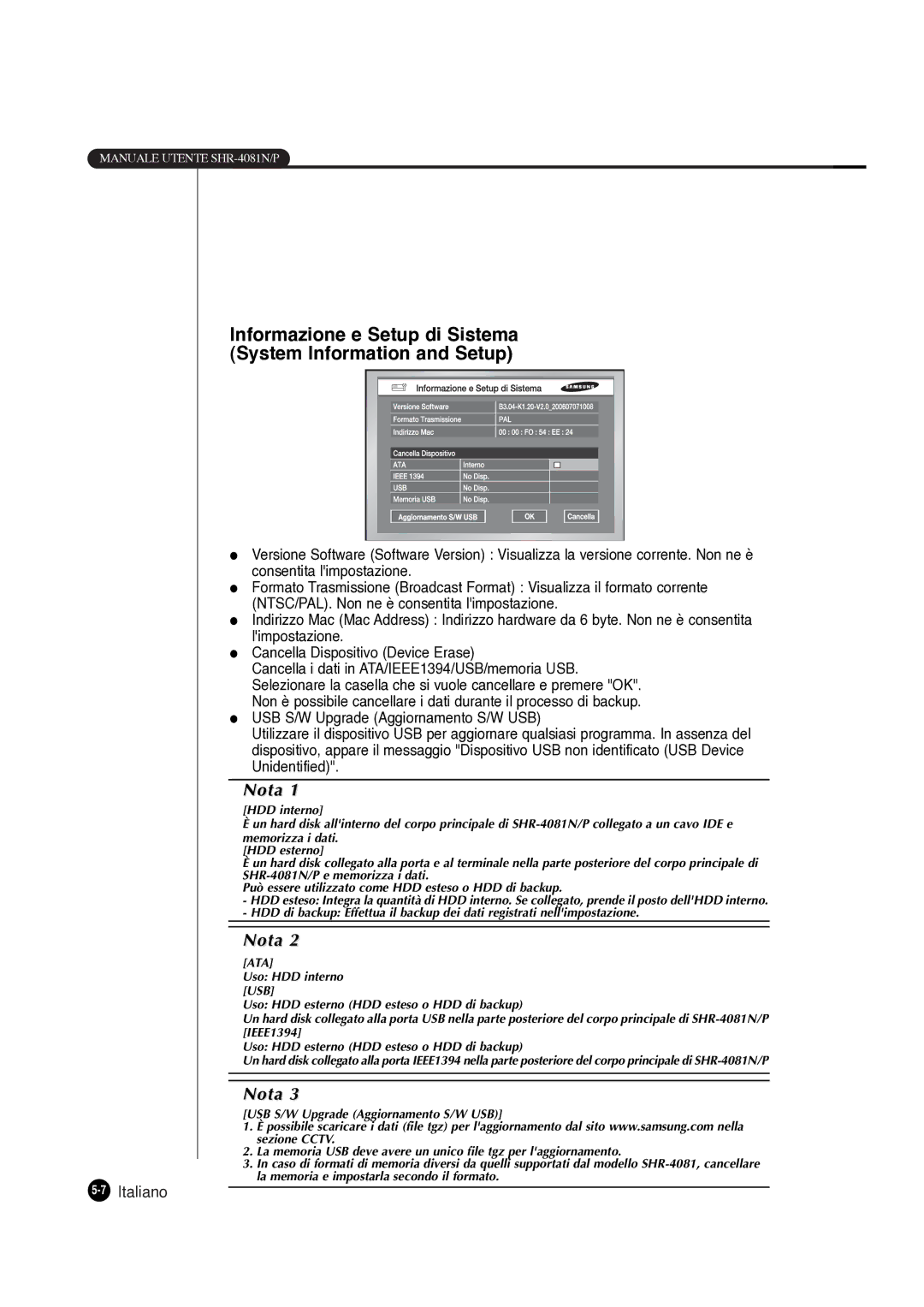 Samsung SHR-4081P manual Informazione e Setup di Sistema System Information and Setup 