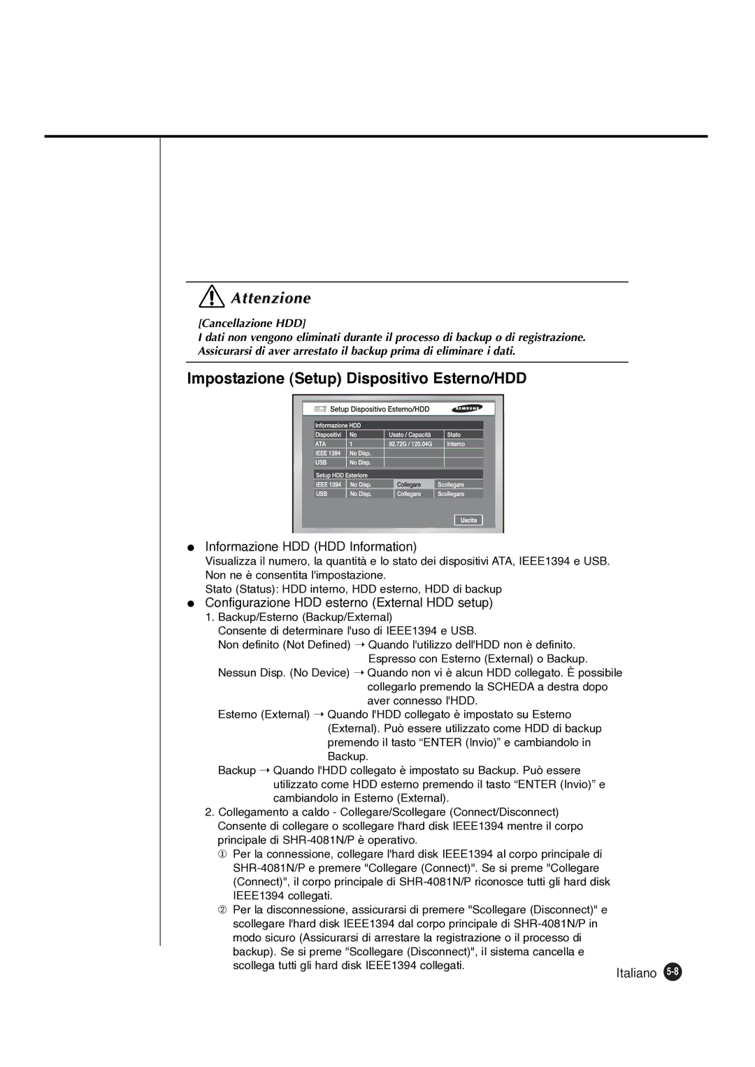 Samsung SHR-4081P manual Impostazione Setup Dispositivo Esterno/HDD, Informazione HDD HDD Information 