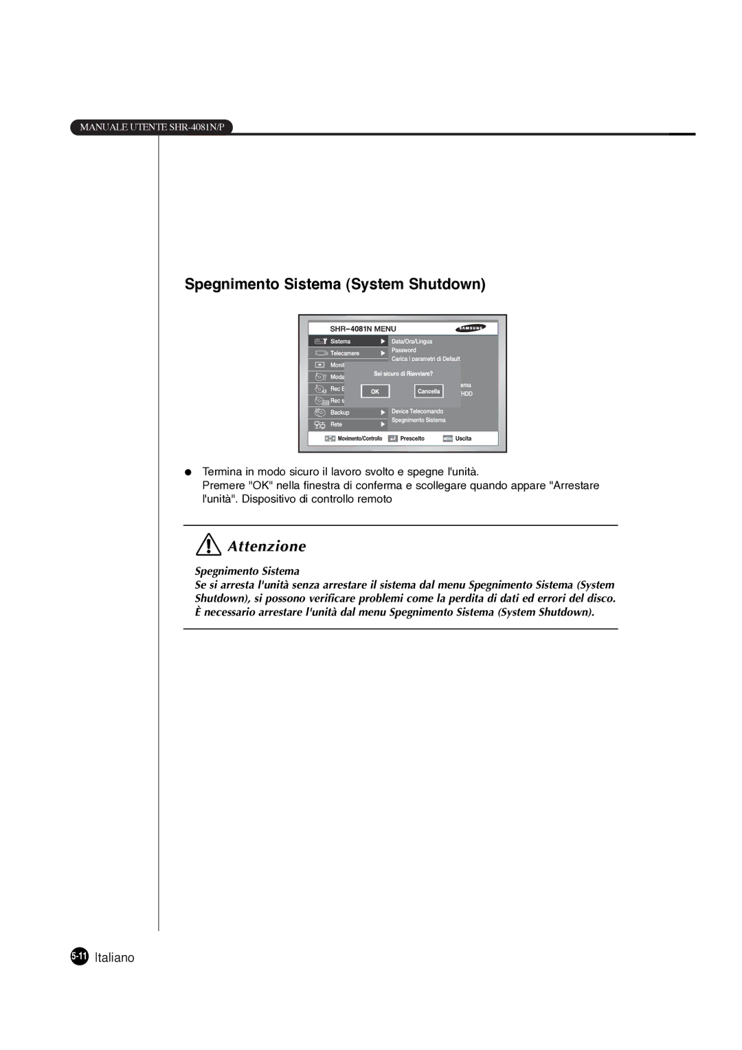 Samsung SHR-4081P manual Spegnimento Sistema System Shutdown 