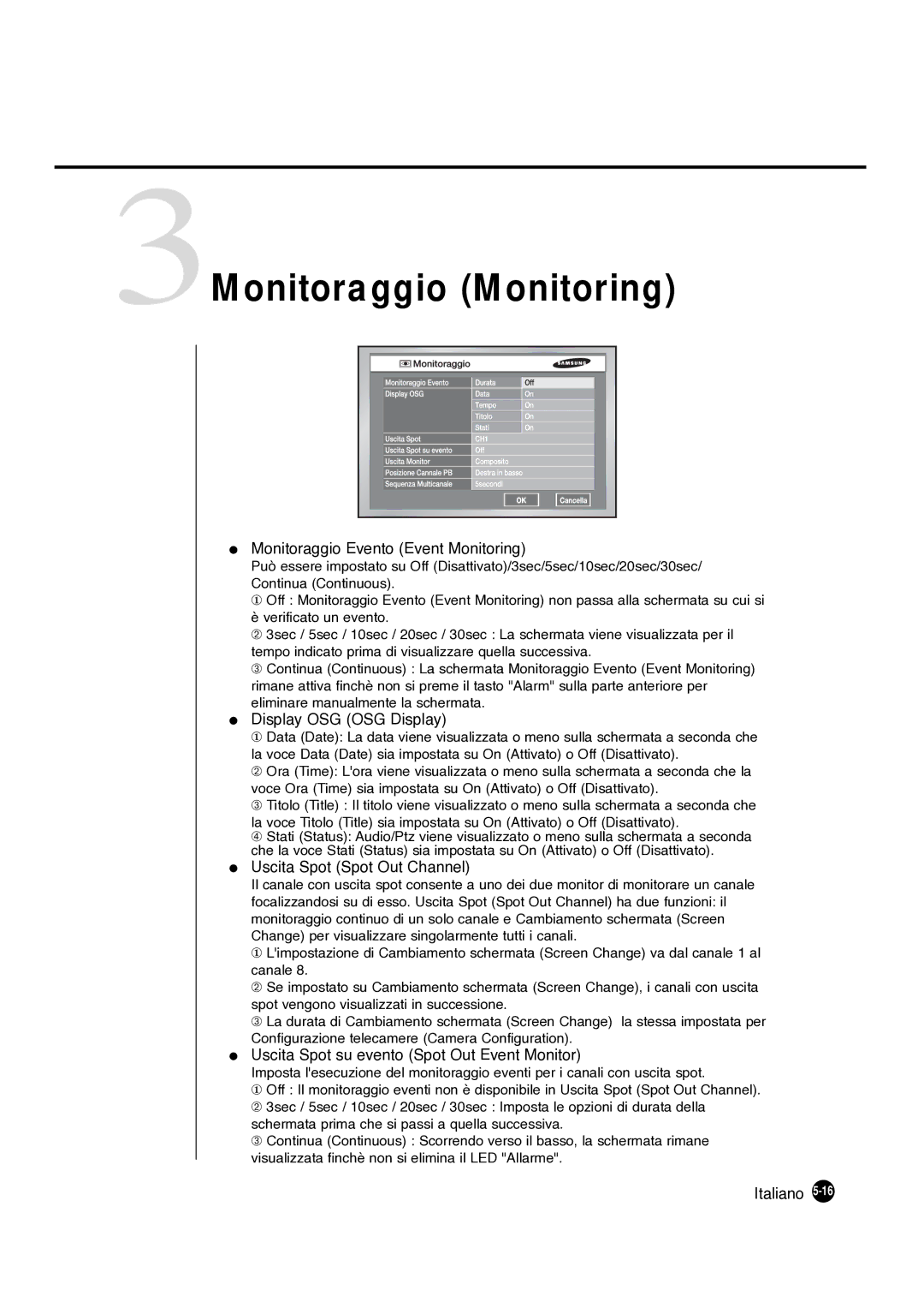 Samsung SHR-4081P manual 3Monitoraggio Monitoring, Display OSG OSG Display, Uscita Spot Spot Out Channel 