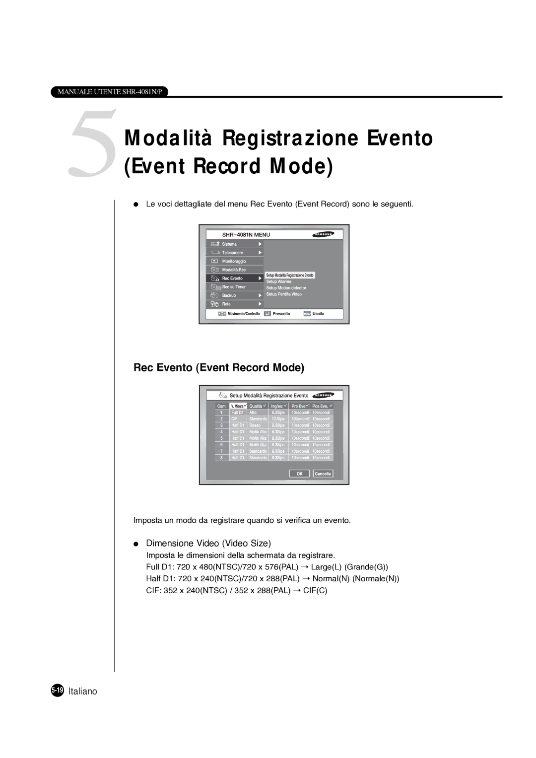 Samsung SHR-4081P manual 5Modalità Registrazione Evento Event Record Mode, Rec Evento Event Record Mode 