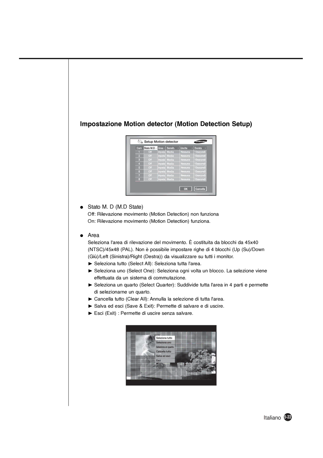 Samsung SHR-4081P manual Impostazione Motion detector Motion Detection Setup, Stato M. D M.D State, Area 