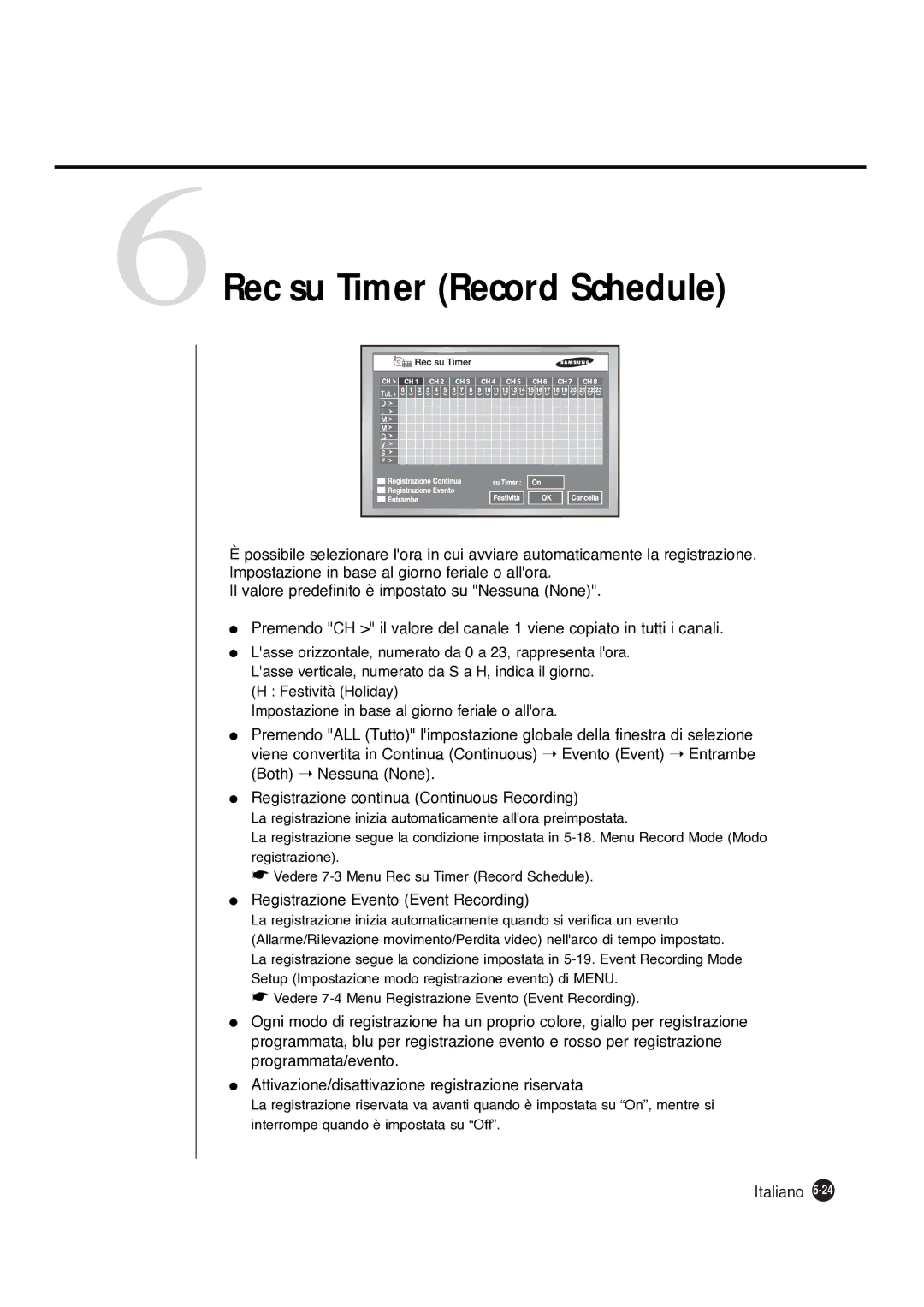 Samsung SHR-4081P manual 6Rec su Timer Record Schedule, Registrazione Evento Event Recording 