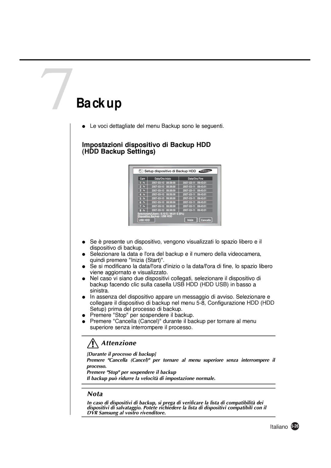 Samsung SHR-4081P manual 7Backup, Impostazioni dispositivo di Backup HDD HDD Backup Settings 