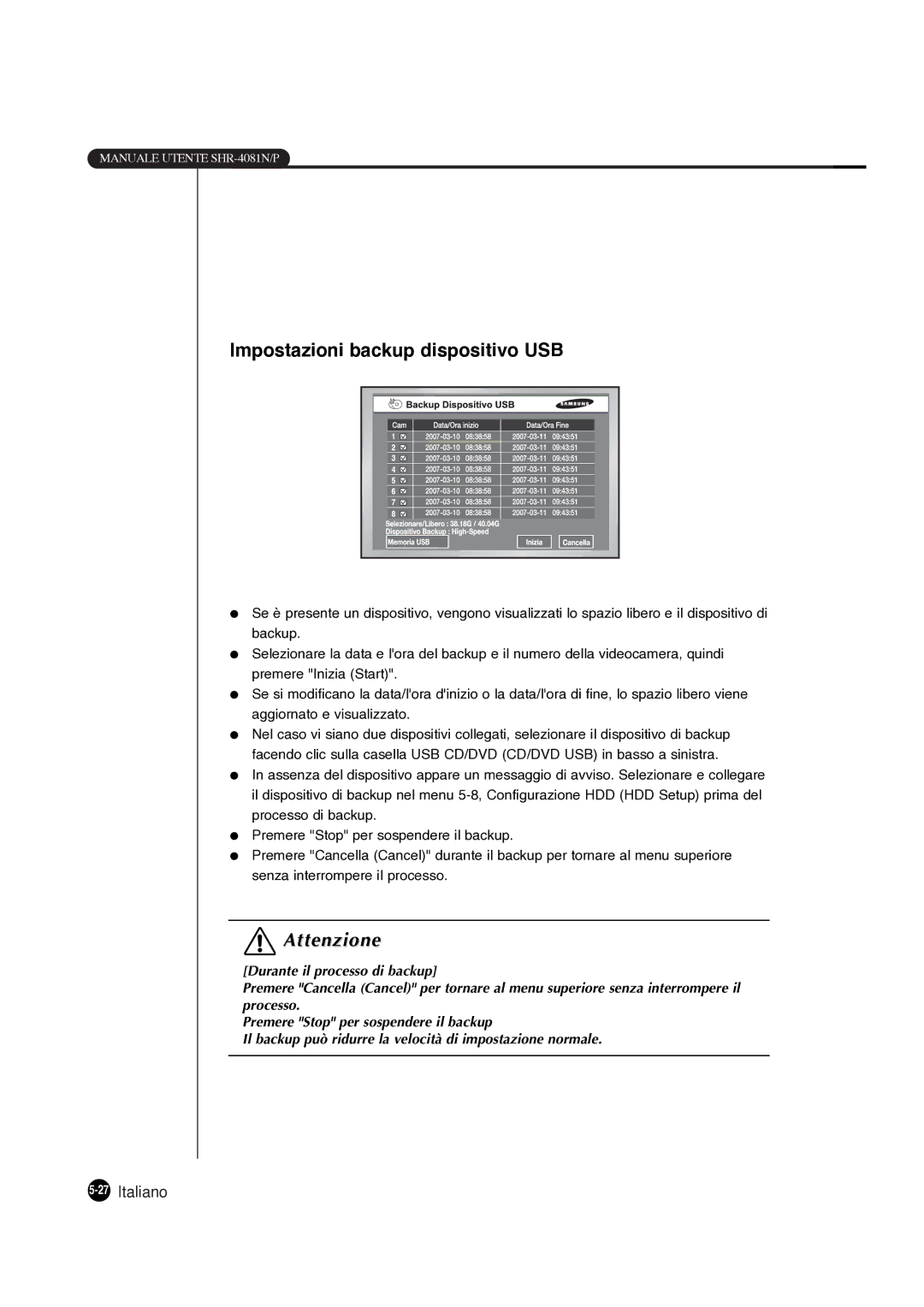 Samsung SHR-4081P manual Impostazioni backup dispositivo USB 