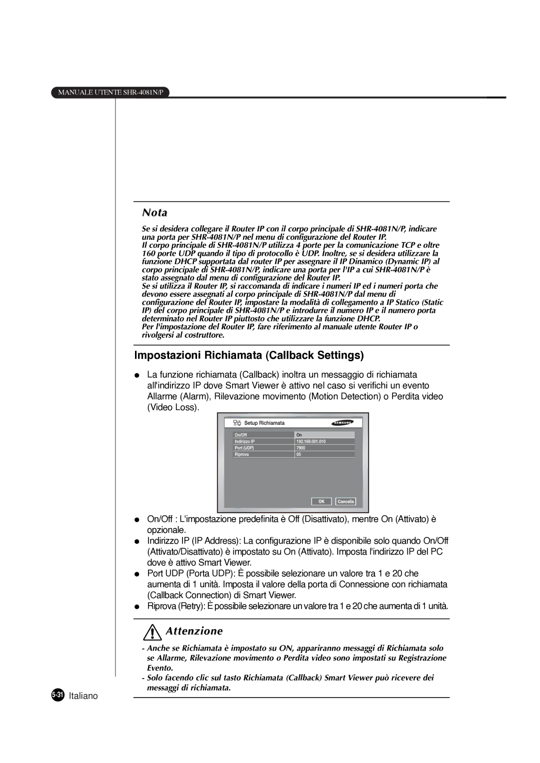 Samsung SHR-4081P manual Impostazioni Richiamata Callback Settings 