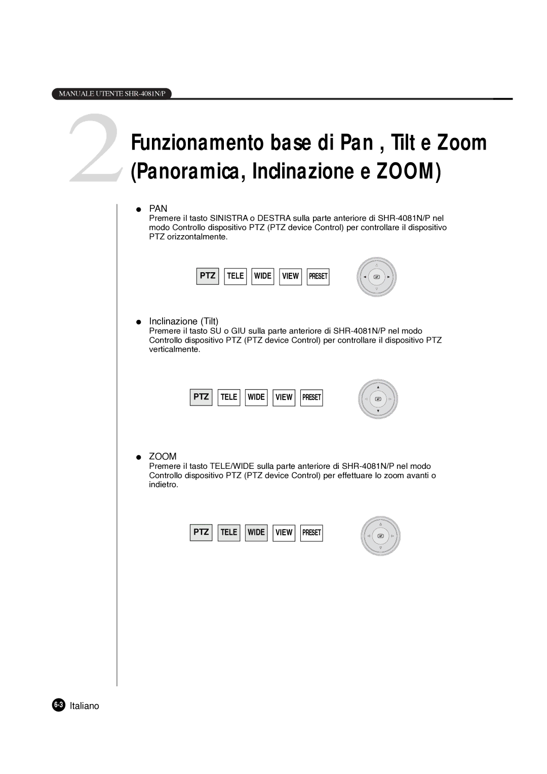 Samsung SHR-4081P manual Pan, Inclinazione Tilt 