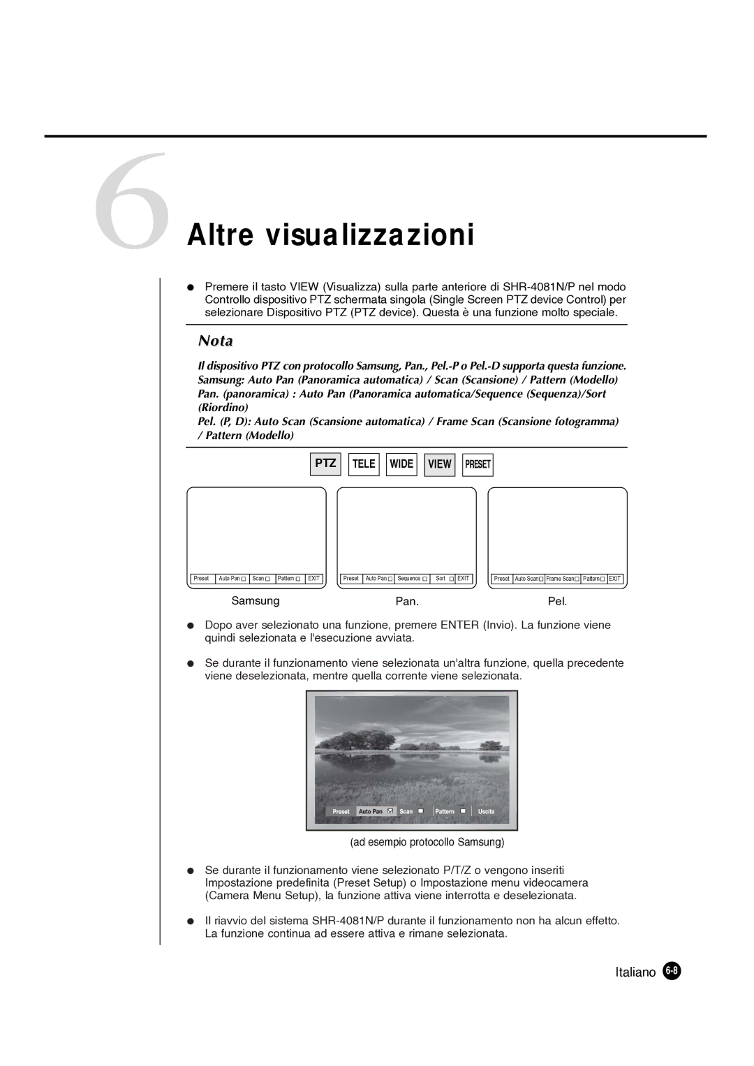 Samsung SHR-4081P manual 6Altre visualizzazioni, Pan, Pel, Ad esempio protocollo Samsung 