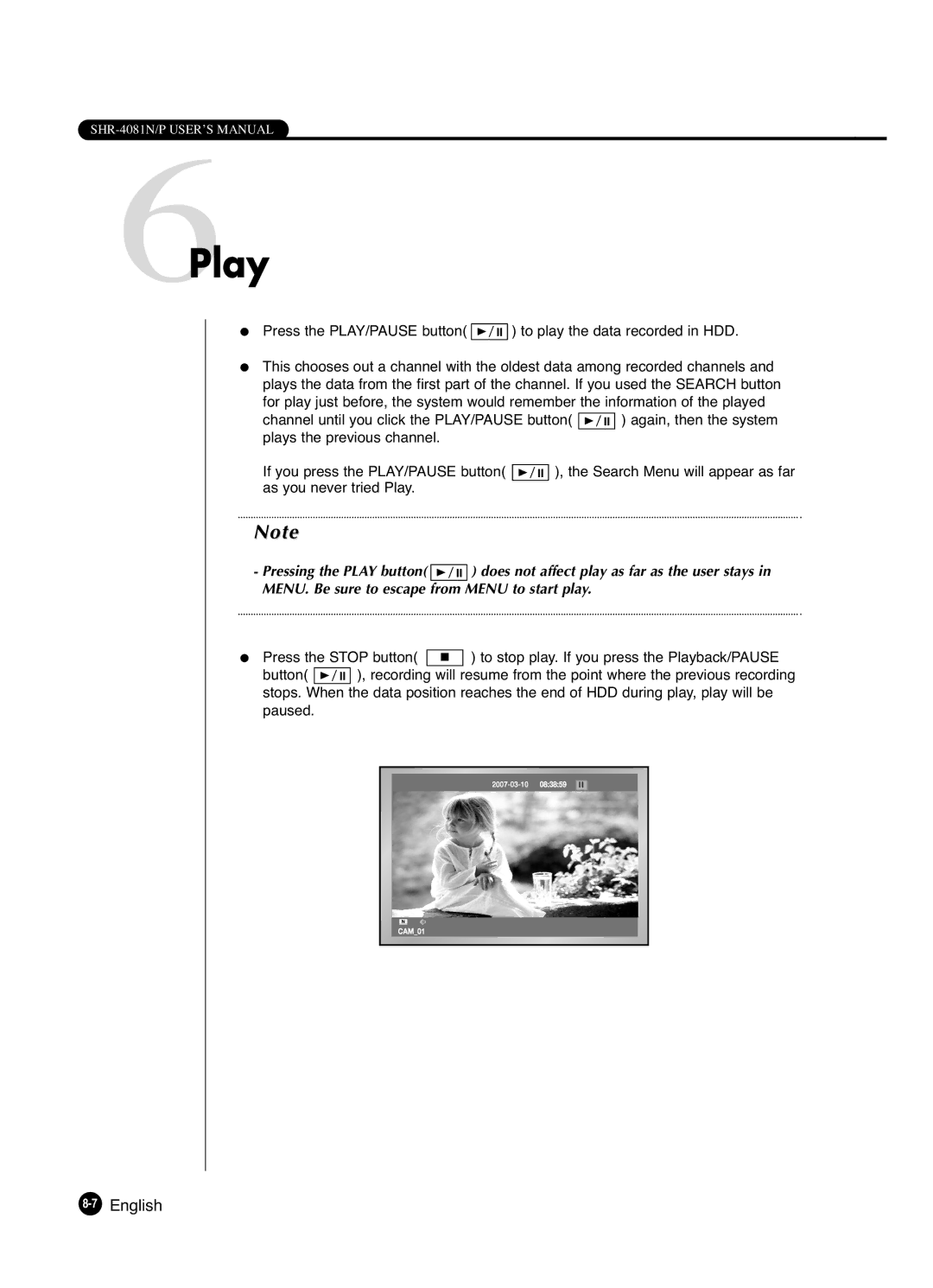 Samsung SHR-4081P manual 6Play, 7English 